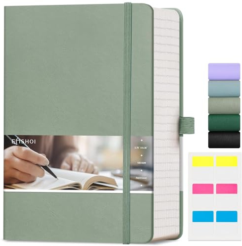 EMSHOI Notizbuch mit 400 Seiten, A5, 100 g/m², liniert, dicker Notizblock, Hardcover, veganes Leder, liniert, täglich für Damen, Herren, Arbeit, Schule, Büro, Schreiben, Haftnotizen, 14,5 x 21 cm