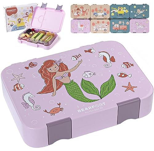 BEARFOOT Brotdose Kinder mit Fächern, BPA frei, Lunchbox, Bento box, Brotbox, Brotdose Mädchen & Jungen, Snackbox mit Trennfächern, Vesperbox für Kindergarten, Schule, groß (Lila - Meerjungfrau)