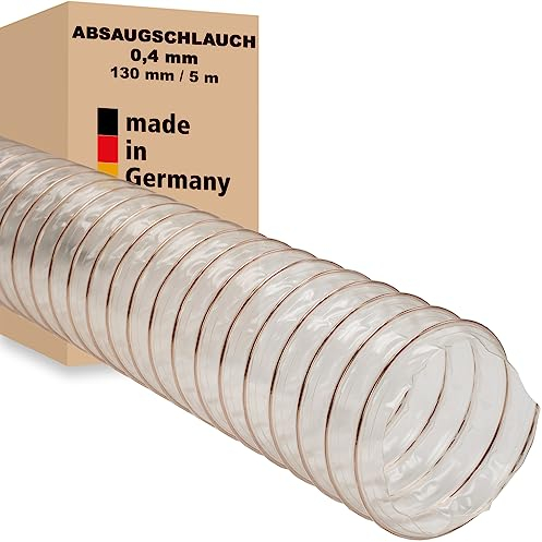 Absaugschlauch 0,4 mm transparent für Absauganlage Spiralschlauch schwer entflammbar Stahldrahteinlage Flexschlauch Made in Germany (130 mm | 5 m)