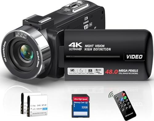 THPACIP 4K Camcorder Video Camera 48MP IR Night Vision Vlogging Camera for YouTube,18X Digital Zoom Camcorder Recorder 3.0 IPS 270° HD Screen with 32GB SD Card, Remote Control and 2 Batteries