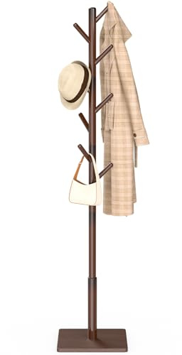 YheenLf Garderobenständer Holz, Jackenständer, Kleiderständer Stabil, Garderobe Stehend für Eingang, Wohnzimmer, 8 Haken, 3 Verstellbare Höhen, 30x30x180cm, Braun