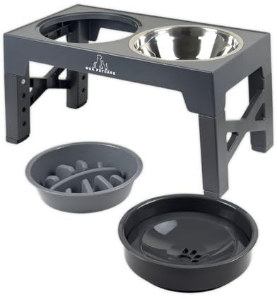 H&A Petcare Raised Dog Bowl: 3 In 1 Elevated dog bowls With Slow Feeder And Non Spill Bowl, Feeder With Stand, Raised Feeder For Large Dogs, Dog Feeding Station Dogs And Cats (Grey)