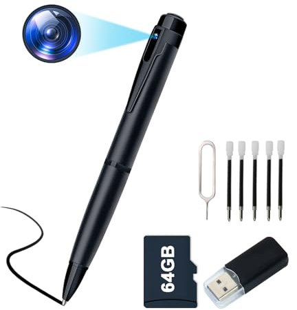 HGYGHO 64GB Telecamera Penna, 1080P HD Mini Telecamera Spia Nascosta con Rilevamento del Movimento, Portatile Piccola Videocamera di Sorveglianza Pen con Audio e 5 Riempimenti di Inchiostro