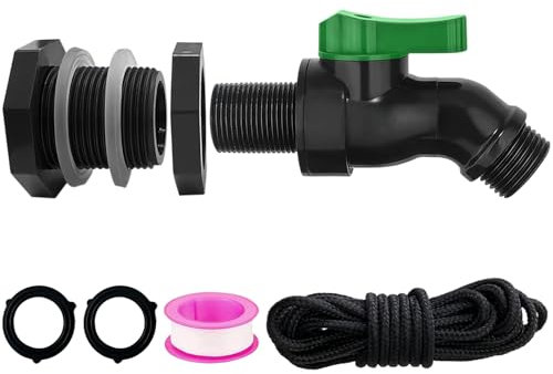Plastics Rain Barrel Spigot Kit, High Flow Valve Core Water Tank Faucet+PVC Bulkhead Fitting,3/4 NPT to 3/4 GHT Rain Barrel Spigot for Plastic Bucket rainwater Drum Container Downspout Collector in