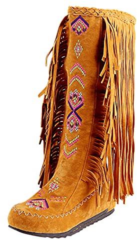 TDEOK Stivaletti da donna beige con tacco in pelle, stivali da cowboy da donna con tacco a frange, stivaletti alti al ginocchio, tacchi piatti, frange, caldi, vintage, scarpe lunghe, giallo., 39 EU