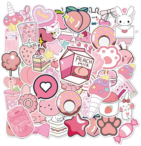 50 Pack Pink Cute Stickers Pack Waterproof Cute Cartoon PVC Self-Adhesive | Cute Pack Waterproof Vinyl Stickers Aesthetic Sticker for Laptop, Water Bottle, Phone Case Journaling and DIY Craft for Girls