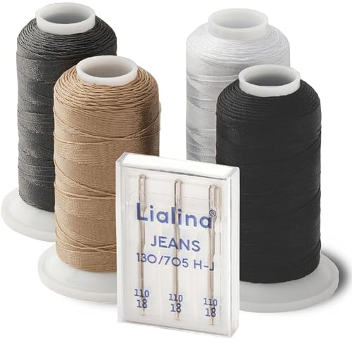 Set di fili da cucito in 100% poliestere/filato extra forte con aghi per macchina da cucire/4 x 250 m (bianco, nero, grigio, beige)/filato in pelle per tessuti spessi/certificato Oeko-Tex/spessore 30