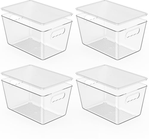 WAYPIN SION Paquete de 4 contenedores de almacenamiento transparentes con tapa, apilables y con asas fáciles de agarrar para armarios de cocina, despensa, refrigerador y congelador