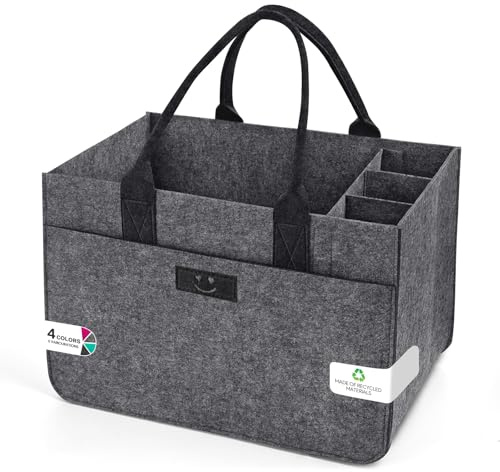 Eurhomewit Filz Einkaufskörbe Filztasche 30L Einkaufskorb Faltbar Einkaufstasche mit Fächern, Filztasche Groß Flaschentasche Kaminholztasche Kleiderkorb (Smiley Mittelgrau + Dunkelgrau/1 Stück)