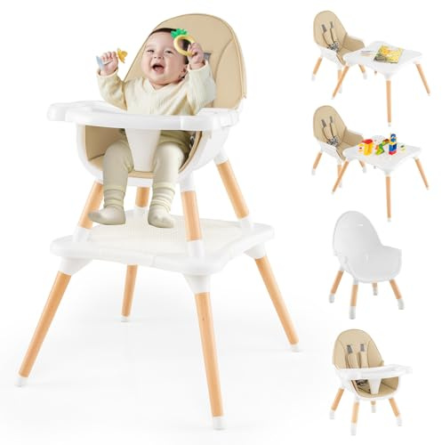 COSTWAY 6 en 1 Chaise Haute Bébé Evolutive, Table en Blocs Convertible, Harnais à 5 Points, Plateau Réglable Amovible, Chaise Haute Bebe en Bois, pour 6-36 Mois, Charge 15 kg, Kaki