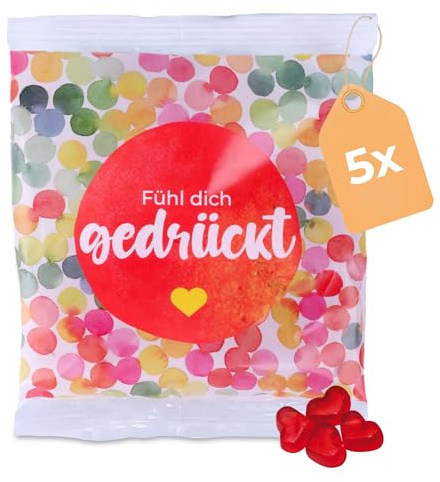 Fruchtgummi Herzen 5er Pack à 50 g – Fühl dich gedrückt – leckere Trolli Gummiherzen-Tüten mit 10% Fruchtsaft – perfektes Dankeschön, Gastgeschenk oder Mitgebsel für jeden Anlass