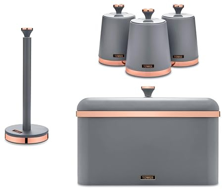 Tower Cavaletto Grey Bread Bin, Tea, Coffee, Sugar Canisters and Kitchen Roll Holder. Contemporary Kitchen Storage Set of 5 Items. Matte Grey finish with Elegant Rose Gold Accents