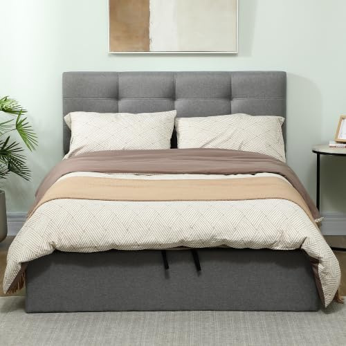 HOMCOM 4ft6 Double Ottoman Bed with Gas Lift, Linen Tufted Headboard, Grey | Upholstered Storage Bed Frame, Wooden Slat Support, Mattress Not Included