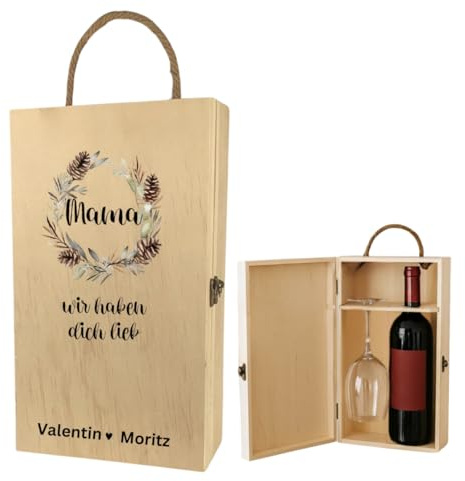 AWASG Caja de vino de madera personalizada, caja de regalo de Navidad, botella de vino con copa de vino, caja de regalo de madera, caja de regalo (2 botellas con corona de copa de vino)