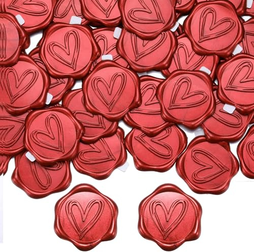 Filhome Wachssiegel Selbstklebend Herz 50 Stück Siegelaufkleber Rot Umschlagaufkleber Wachssiegelstempel Sticker für Hochzeit Einladung (Vintage Rot)