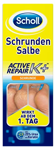 Scholl Schrundensalbe Active Repair K+ gegen Hautschäden an rauen, trockenen & rissigen Fersen - mit 25% Urea & Keratin – wirkt ab dem ersten Tag - 1 x 60 ml Fußcreme