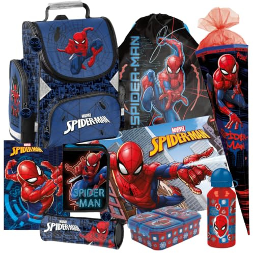 Schultasche Spiderman 9 Teile Set Schulranzen Ranzen Spider-Man Schulrucksack Federmappe Tasche Schultüte 85 cm Tornister mit Sticker-von-Kids4shop