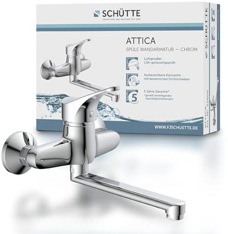 SCHÜTTE 22600 ATTICA Wandwasserhahn Chrom, Wand-Spültischarmatur 360°, ideal für Doppelspülbecken, Wasserhahn Wandmontage, Wandarmatur für Küche/Ausgussbecken, Mischbatterie für Wandmontage