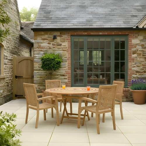 CHARLES BENTLEY Teak Round Folding Table, Outdoor, Wooden Dining Table, Seats 3, Slatted Circular Top, Space Saving Foldable Design, Natural Finish, Patio & Garden Furniture (100x75cm)