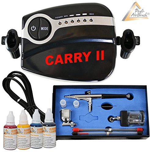 Aérographe professionnel de cARRY iI cOLOUR iI pour votre hOBBY avec compresseur airbrush, pistolet aérographe dOUBLE aCTION airbrushfarben set de 0,2/0,3/0,5 mm et embouts, réservoir en verre airbrush kit de beauté pour les débutants à la connaissance des techniques