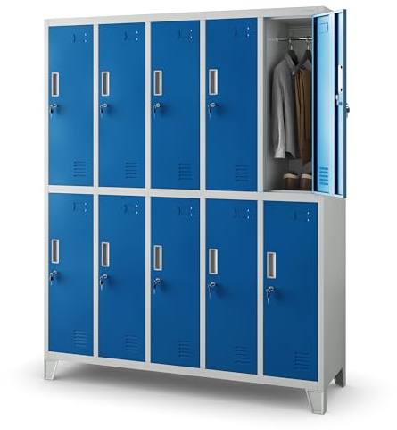 Jan Nowak Umkleideschrank Spindschrank Metall, 10 Fächer, abschließbar | Schließfachschrank für 10 Nutzer, Kleiderstangen, Lüftung, Etikettenhalter, Stahlkorpus und Wandmontage, 172x136x45 cm