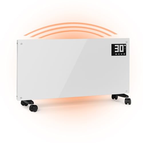 TRINITI Stufa Elettrica Basso Consumo Termostato, Potenza Regolabile, Elegante VETRO TEMPERATO, Display LED, Timer, Silenzioso, Sistema Protezione Sicurezza Multiplo, Ruote + Montaggio a Parete BIANCO