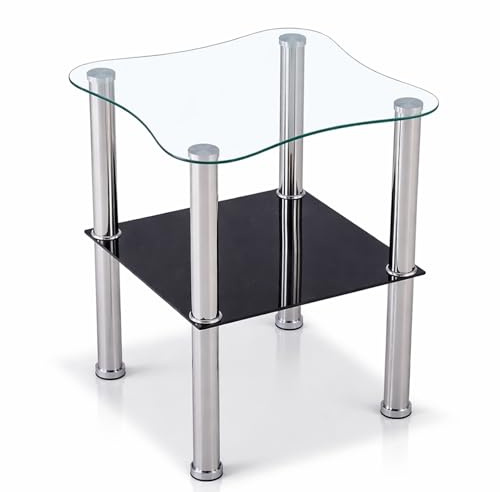 Euro Tische Beistelltisch aus Glas mit Ablage Schwarz abgerundet - 2-Ebenen-Design, Sicherheitsglas & Edelstahlbeine - abgerundet oder eckig - Glasplatte 6mm - Schwarz Satiniert - Glas Couchtisch