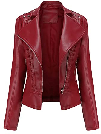 Chiodo Giacca in Pelle da Donna Giacca di Pelle con Borchie Giubbotto Biker in Ecopelle Giacca Motociclista con Cerniera Primavera Autunno Giubbino Corto in Finta Pelle con zip Giubbotto Similpelle