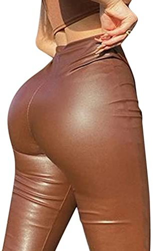 ORANDESIGNE Leggings Ecopelle Donna Sexy Vita Alta Pantaloni in Pelle Push up Collant PU Similpelle Leggins Coated Slim Treggins Basic Leather Pants A Marrone L