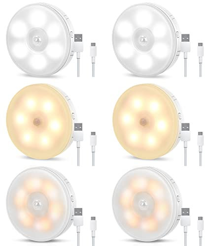 Tailcas Motion Sensor Lights Indoor, Two-Color Upgrade (Cold White/Warm White), USB Rechargeable LED Night Light with Auto/On/Off Modes, with Removable Magnet Sheet Stick-On Cupboard Lights, 6 Pack