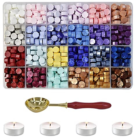 Set Wachsschmelzer, Siegelwachs Perlen Set, 600 Stück Siegelwachs Perlen Set, 24 Farben Siegelwachsperlen mit 4 Weißen Kerzen (A) (I)