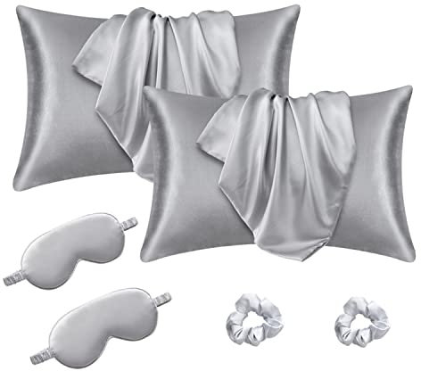 Crazy Bean Juego de 2 Fundas de Almohada Satén 75x50cm Funda de Cojín para Cama Suave Genial Protege Cabello y Piel Juego de Tapa Ojo y Anillos Pelo Cierre de sobre(Gris Claro)