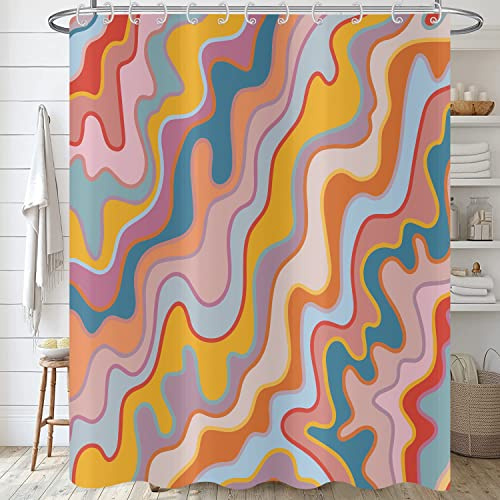 Hnmdmyi Cortina de Ducha Vintage Arte Abstracto 180x180, Cortina de baño Arco Iris Pastel Colorido Groovy Ondas Rayas geométricas estética Retro Minimalista Cortina de baño de Tejido Impermeable