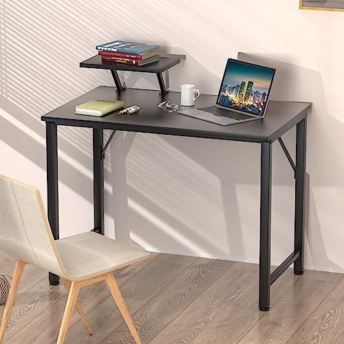 Schreibtisch mit Kleiner Abnehmbarem Monitorständer, Gaming Tisch Computertisch,Laptoptisch für Zuhause Büro und Wohnzimmer, Tischplatte mit Brauner Holzmaserung, Schwarzer Bürotisch, 80x40x74 cm