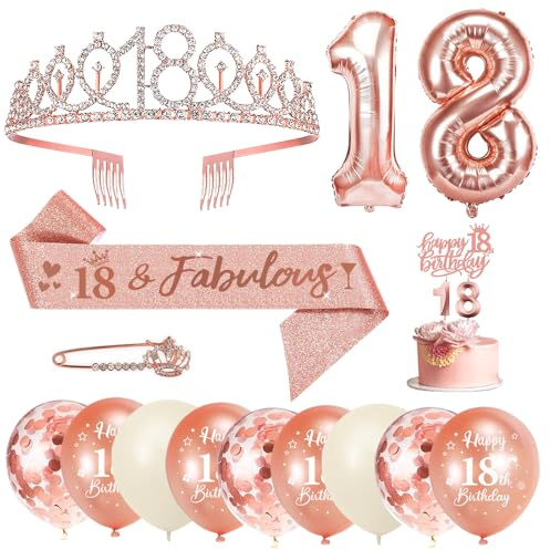 18. Geburtstag Mädchen Deko Set, Krone Schärpe Ballons Set | Geburtstagsdeko zum 18. Geburtstag mit Tiara, Schärpe, Ballons, Zahlenkerze 18 und Tortendeko für Mädchen Kinderparty