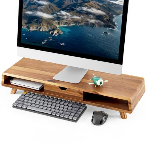 TINAMO Acacia Trämonitorstativ med låda – trämonitorhöjare för skrivbord – datorskärmstativ för skrivbord – multifunktionellt skrivbordsförvaringsstativ för dator; laptop; skrivare; TV (64 x 20 x 12,7