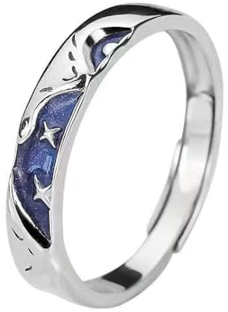 QKEPCY Eleganter Damenring Mit Sternen Und Mond Design Edelstahlring Mit Blauer Emaille Verstellbarer Ring Für Frauen Hochwertiger Schmuck Für Den Täglichen Gebrauch Mode Accessoire Für Damen