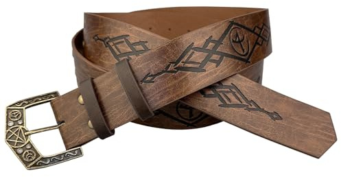 HiiFeuer Mittelalterliche Alchemie Kunstleder Schnalle Gürtel, Fantasy geprägte Zauberer Ritter Gürtel für LARP Cosplay Halloween (Braun A)