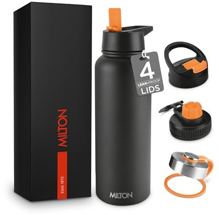 Milton Stainless Steel Water Bottle 40 Oz with Straw Lid - 4 Lids Included, Double Walled Vacuum Insulated,12 Hour Hot, 24 Hrs Cold, Metal Bottle for Sports, Gym, Travelling, Flassio, Black