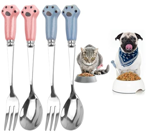 ORUZA Pet Food Spoon, 4 Pcs Paw Cat Can Fork & Spoon Set for Cat and Dog Feeding