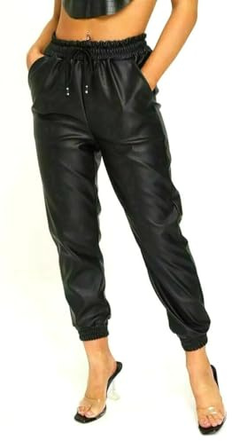 Best Look Women’s Ladies Wet Look Faux Leather PU PVC Shiny Trouser Ladies Joggers Pants Paper Bag Cuffed Jogging Bottoms Draw String Tie Up Waist Trouser (Black, 12)