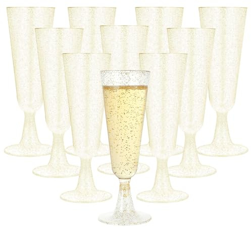 Mualady 50 Pcs Gold Glitter Plastic Champagne Flutes, 160ml/5oz Reusable Prosecco Glasses, Plastic Champagne Flutes, Elegant Wine Glasses for Wedding, Party, Birthday