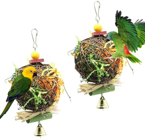 Bssowe 2 Stück Wellensittich Spielzeug, Natürliche Rattan Ball Papagei, Papageien Zerkleinerungsspielzeug, Vogelspielzeug, Papagei Spielzeug, für Papageien, Wellensittiche, Nymphensittiche, Kakadu