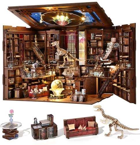 MiniCity Läshörna kit, DIY-miniatyrdockhus, Booknook kit, 3D-träpussel, bokhylla, insats med LED-ljus och dammskydd för tonåringar och vuxna (Beyond Library Max)