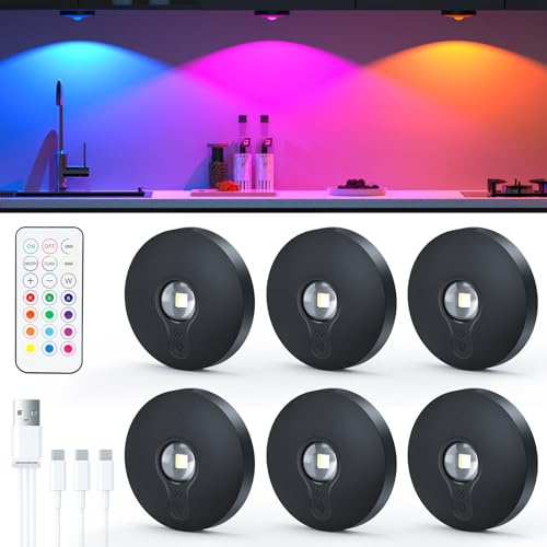 TRUMPETS RGB LED Spot Akku Magnetisch mit Fernbedienung，Schwarz：6 stk | USB-C Aufladbar, kabellos, Timer & Speicherfunktion, Vitrinen- und Schrankbeleuchtung