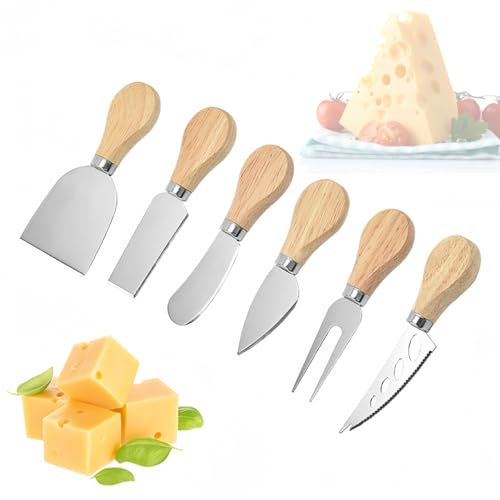 NOUYAGOV 6 PCS Cheese Knife Set,Cheese Knife Gift Set,Wooden Handle Stainless Steel Cheese Knife,Chisel Knife and Cheese Fork for Family Gatherings,Cheese Parties,Christmas and Halloween.