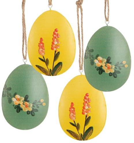 Osteranhänger Eier, 4 Stück: Ostereier-Anhänger Osterstrauch & Fenster, Osterdeko zum Aufhängen Ostern & Frühling, Metall Osterschmuck, Metallanhänger Deko, Frühlingsdeko Vintage Gelb Grün, 7,5 x 6 cm