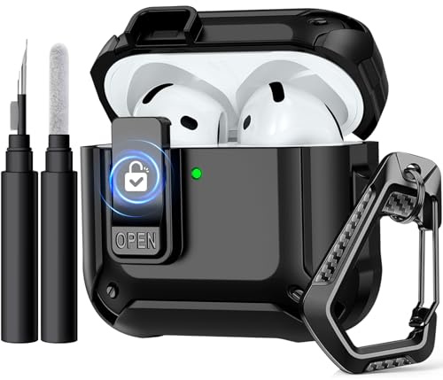 Epova Cover Compatibile con AirPods 4 Custodia, Case Rigida Antiurto con Blocco Sicuro Compatibile con Apple AirPods 4 Generazione 2024 Custodia, con Kit di Pulizia e Moschettone, Nero