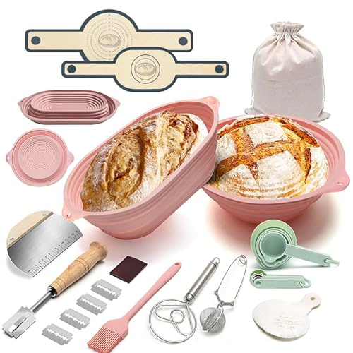 Joyeee Banneton pour Pain, 2 Panier a Pain Pliable en Silicone Ronde 22cm Ovale 25cm Kit de Corbeille Pain avec Couteau à Pain Coupe Pate Brosse Fouet Danois Toile de Fermentation Élingue à Pain