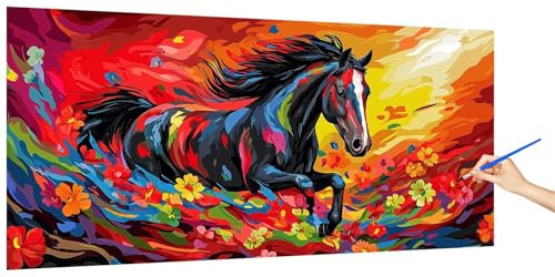 Malen Nach Zahlen Erwachsene Horse, Malen Nach Zahlen BlumeKinder Kleines Format, DIY Paint by Numbers Kreativ Set AnfäNger Inklusive Pinsel und Acrylfarben Ohne Rahmen Deko Geschenk 100x50cm Q-2